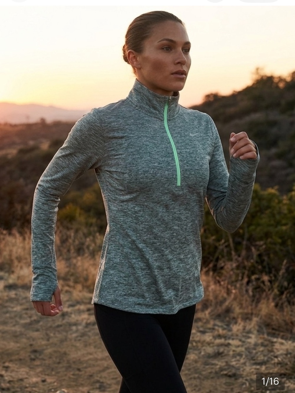 Women’s Nike Dri Fit 1/4 Zip LS Top Thumb Holes Heathered Olive Green Size s